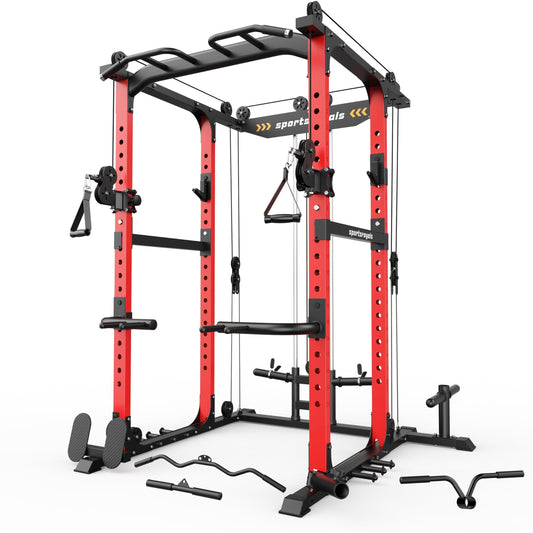 Sportsroyals Power Cage,1600lbs Multi-Function Power Rack with Adjustable Cable Crossover System and More Training Attachment, Weight Cage for Home Gym Red