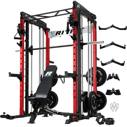 RitFit M1 Smith Machine with Cable Crossover System, Multi-Function Squat Rack Power Cage for Home Gym, Power Rack and Packages with Olympic Barbell Weight Set, Weight Bench, Olympic Bar and More