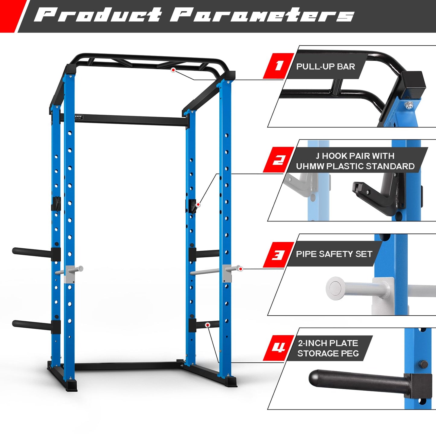 RitFit PPC01 Power Cage, 1000LB Capacity Power Rack Full Home Gym for Weightlifting, Come with J-Cups, Plate Holders and Other Attachments (Basic Version)-Blue