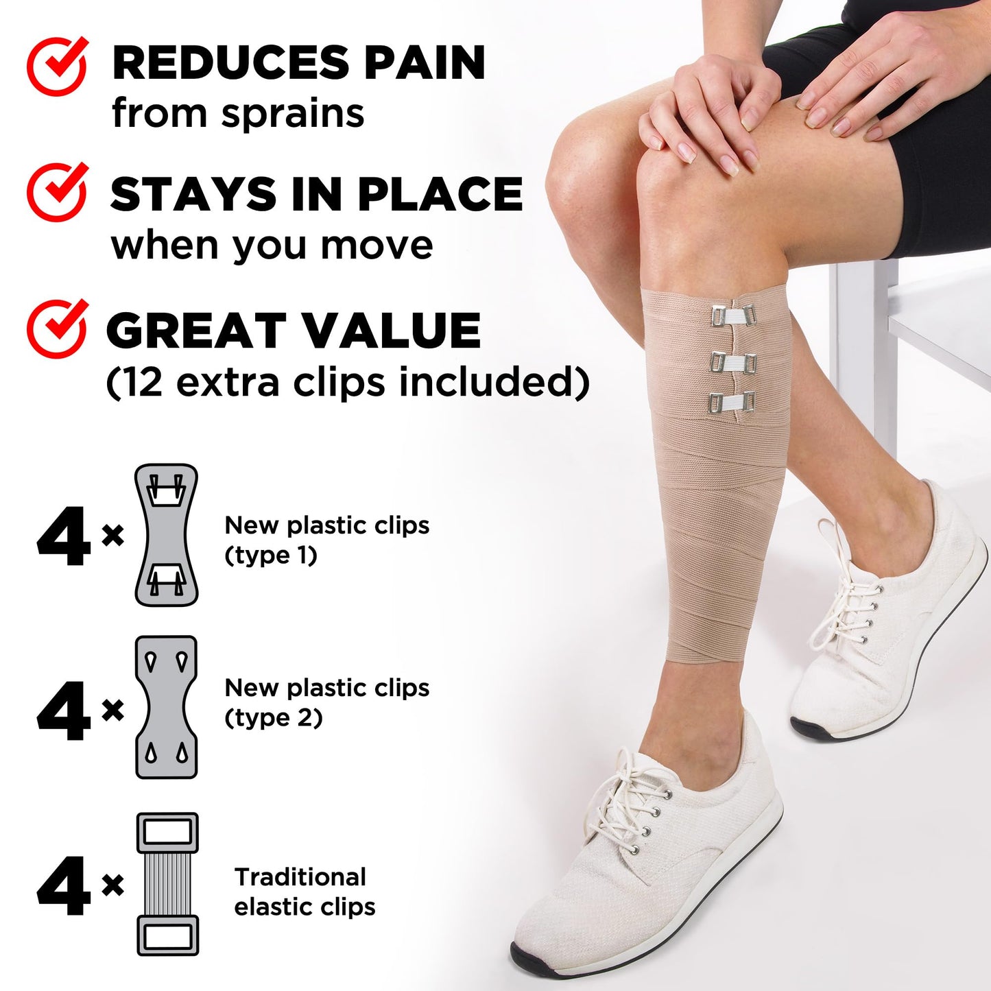 Premium Elastic Bandage Wrap – 4pk (2x3", 2x4") + 12 Extra Clips – Strong Compression Bandage Wrap - Wrist, Ankle, Foot, Knee Wrap