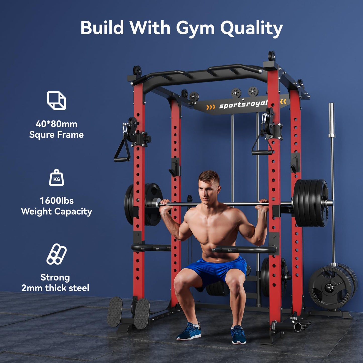 Sportsroyals Power Cage,1600lbs Multi-Function Power Rack with Adjustable Cable Crossover System and More Training Attachment, Weight Cage for Home Gym Red