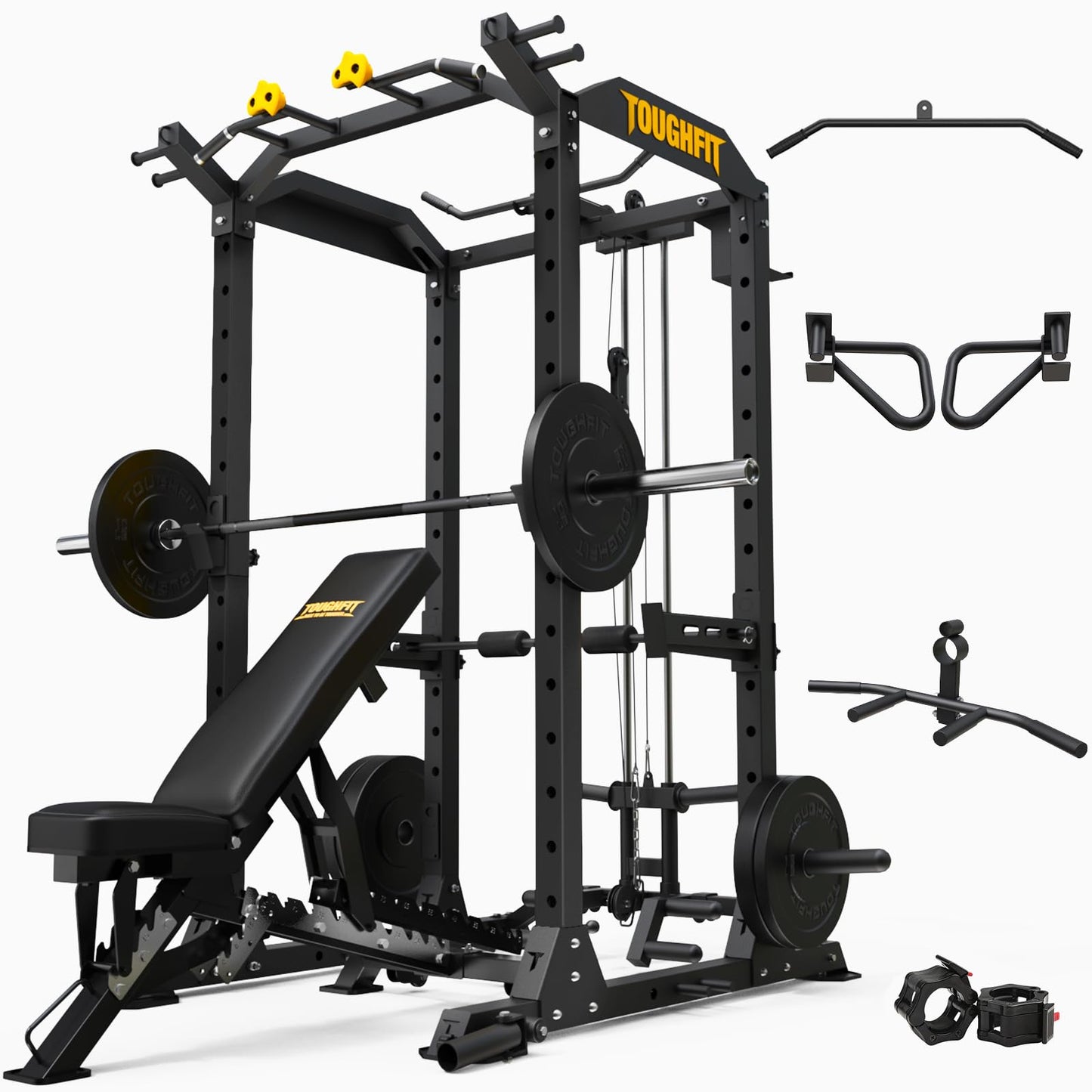 TOUGHFIT 2024 Upgraded T2 Power Cage Muti-Function Power Rack with LAT Pulldown System Squat Rack with Weights and Bar Set for Home Gym with Unique Training Attachment-T2BLK-O1200BP230