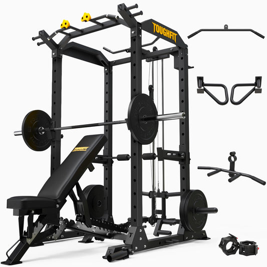 TOUGHFIT 2024 Upgraded T2 Power Cage Muti-Function Power Rack with LAT Pulldown System Squat Rack with Weights and Bar Set for Home Gym with Unique Training Attachment-T2BLK-O1200BP230