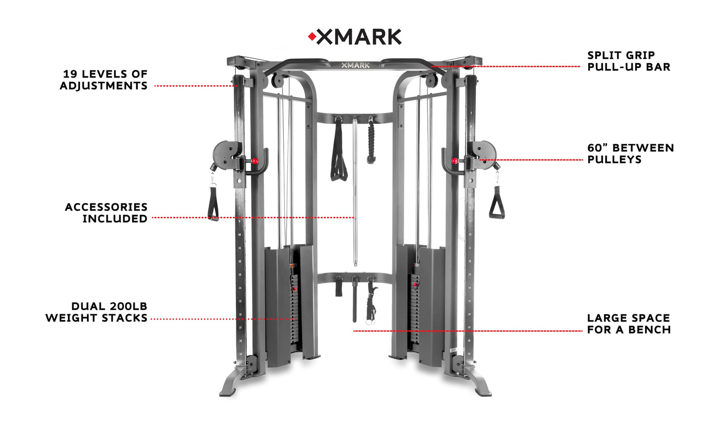 XMARK Functional Trainer Cable Machine Home Gym with Dual 200 lb Weight Stacks, Exercise Equipment for Home, Multifunctional Gym Weight Machine with Upgraded Attachments