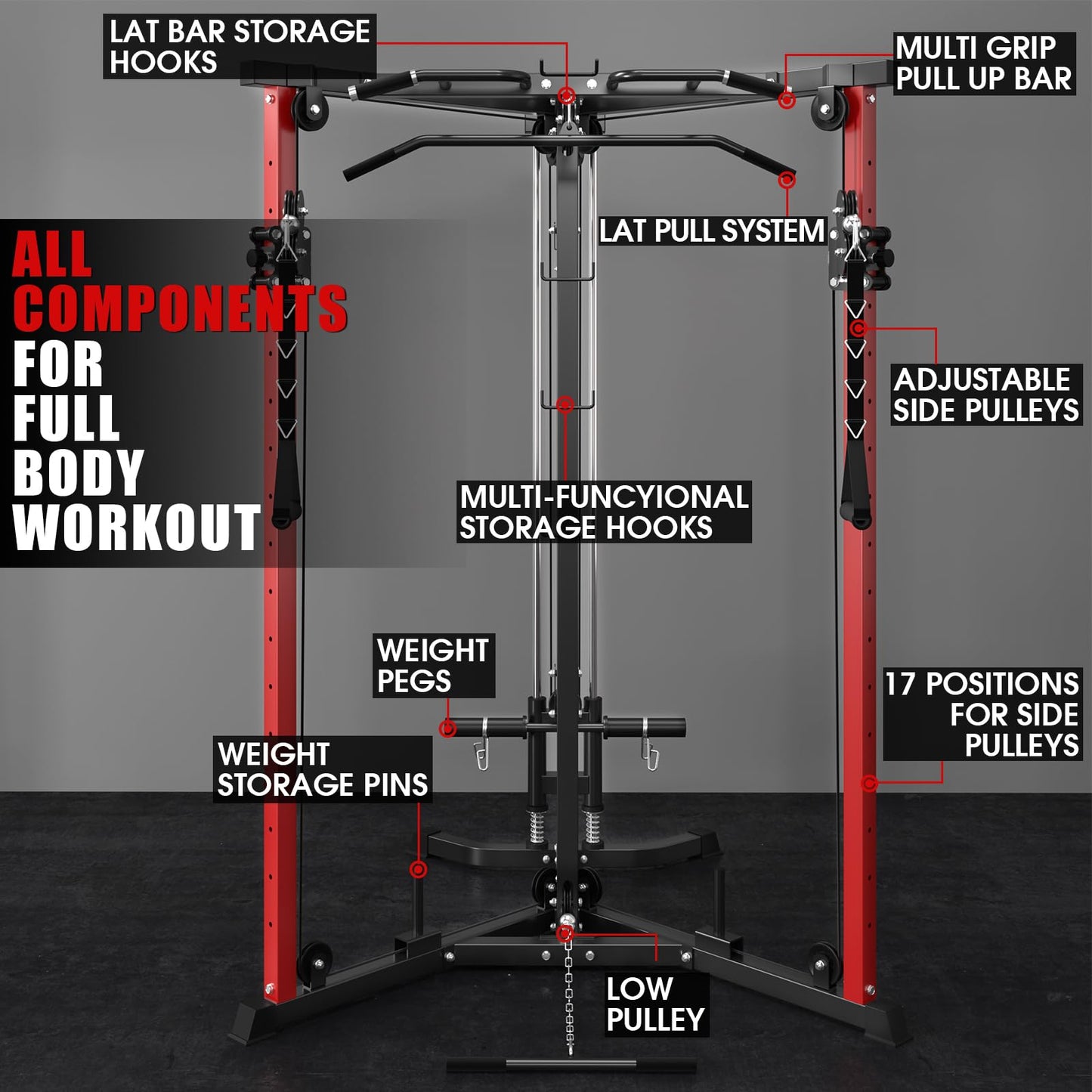 syedee Cable Crossover Machine, Functional Trainer with 17 Adjustable Positions, Home Gym Equipment with Pulley System, Cable Fly Machine and LAT Pulldown System Home Gym Red