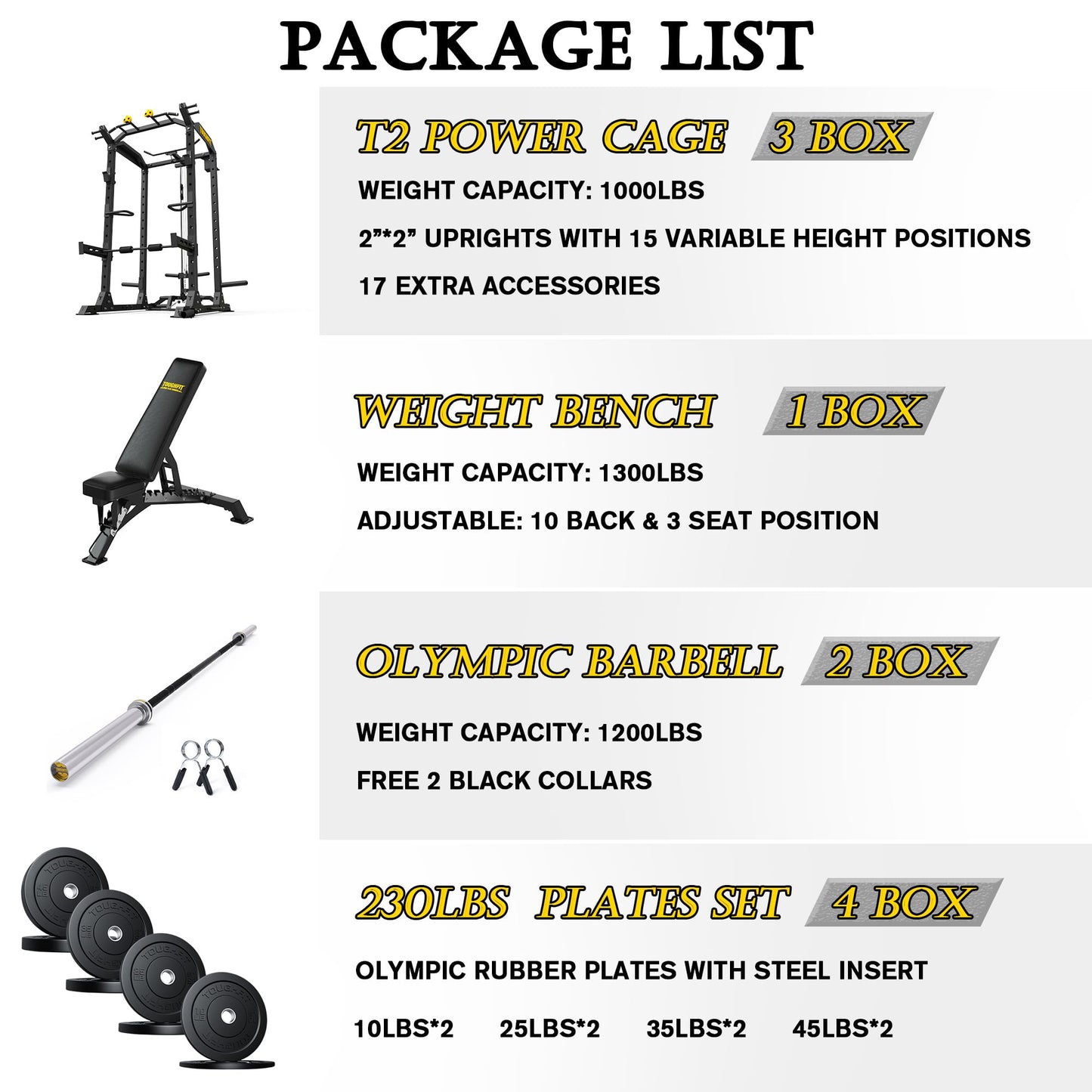 TOUGHFIT 2024 Upgraded T2 Power Cage Muti-Function Power Rack with LAT Pulldown System Squat Rack with Weights and Bar Set for Home Gym with Unique Training Attachment-T2BLK-O1200BP230