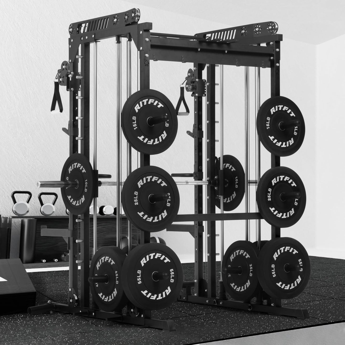 RitFit M1 Pro Smith Machine with Cable Crossover System, Multi-Function Squat Rack Power Cage for Home Gym, Power Rack and Packages Black
