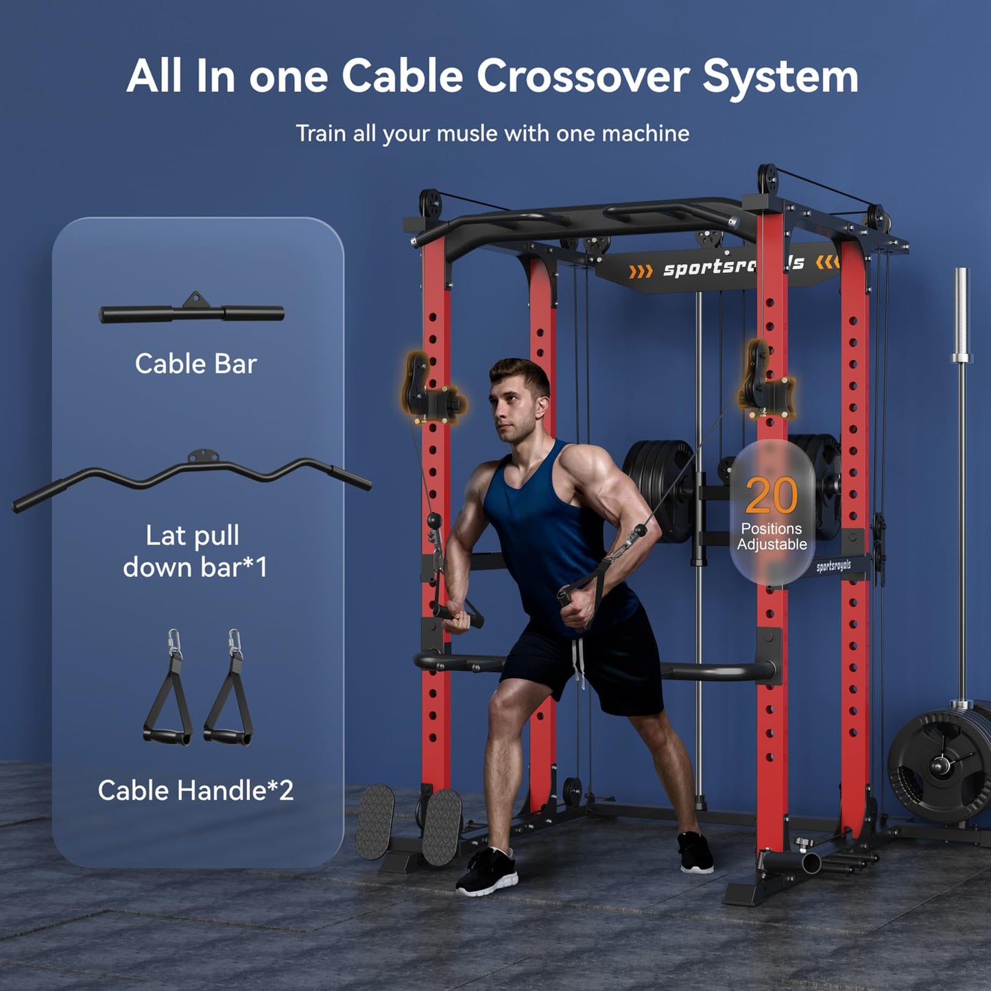 Sportsroyals Power Cage,1600lbs Multi-Function Power Rack with Adjustable Cable Crossover System and More Training Attachment, Weight Cage for Home Gym Red