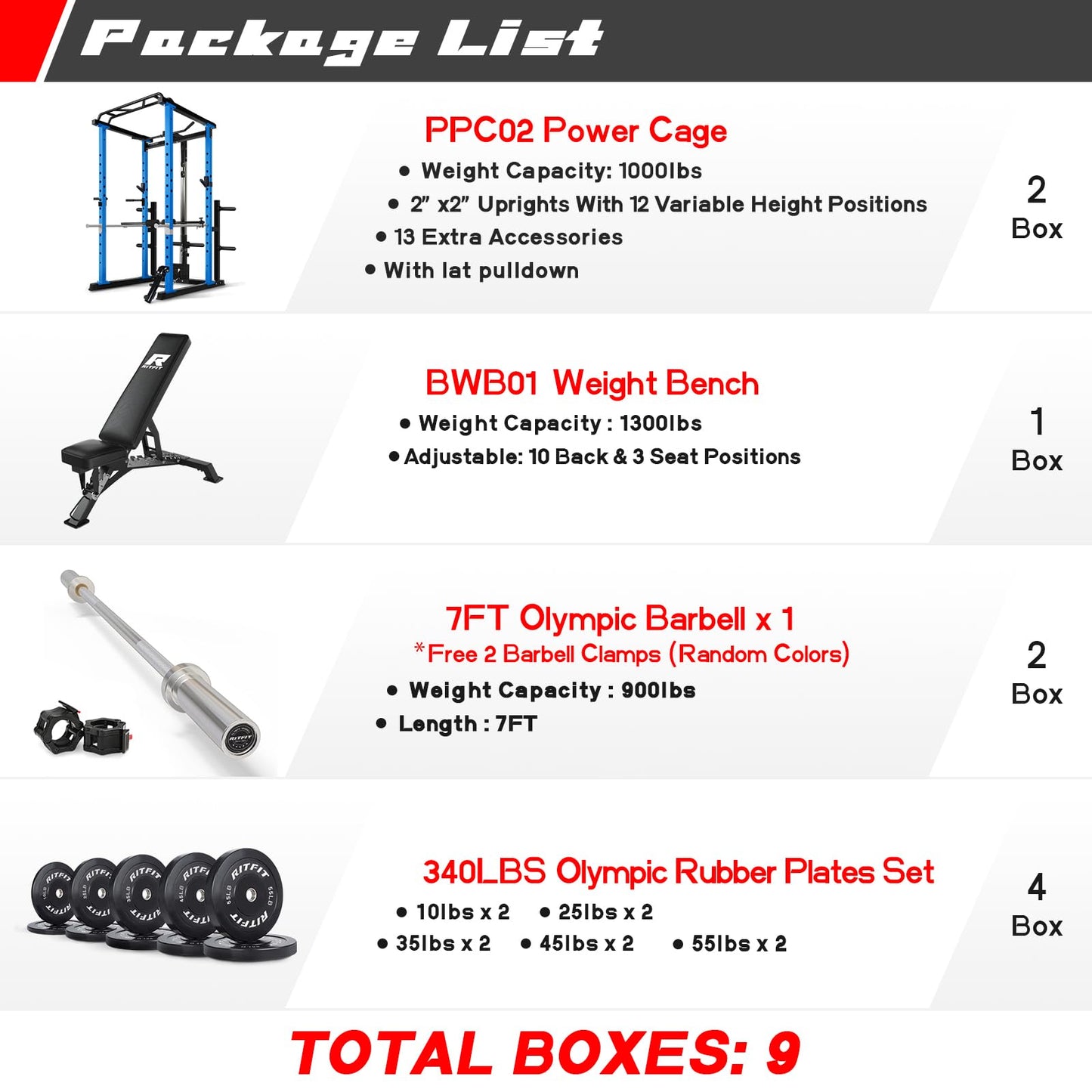 RitFit Squat Rack Power Cage Home Gym Package, Includes 1000LBS Power Rack with LAT Pull Down, Weight Bench, Rubber/Bumper Plates Set with Olympic Barbell (Package 1.9K (Bumper Plate 340LBS))-Blue