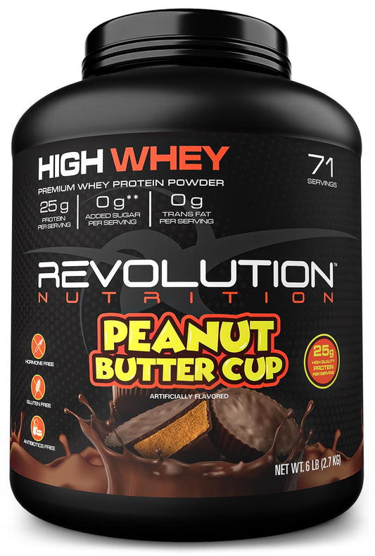 Revolution Nutrition, High Whey, Protein Powder, Whey Isolate, Gluten Free, Lean Muscle Mass for Men & Women, 25g of Protein Per Scoop, 2.7kg, 73 Servings (Peanut Butter Cup, 6 Pound)