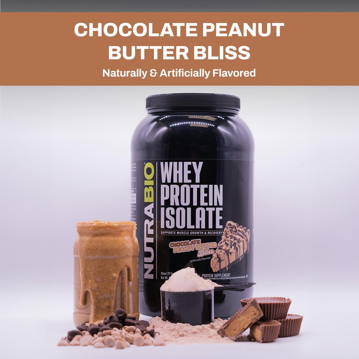 NutraBio Whey Protein Isolate Supplement – 25g of Protein Per Scoop with Complete Amino Acid Profile - Soy and Gluten Free Protein Powder - Zero Fillers and Non-GMO - Chocolate Peanut Butter - 5 Lbs