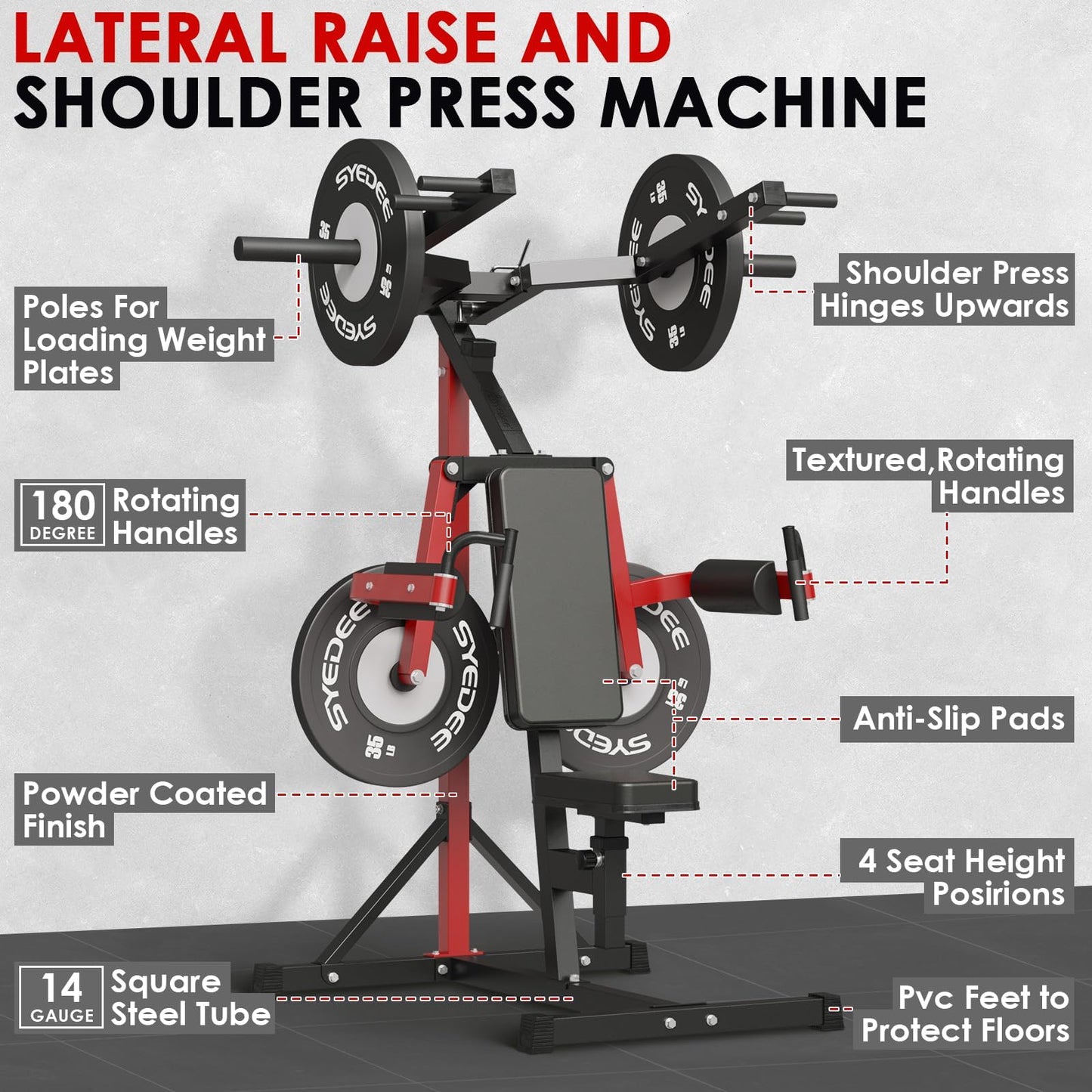 syedee Deltoid and Shoulder Press Machine, Lateral Raise Machine with Adjustable Seat and Backrest, 800 Weight Capacity Upper Body Machine for Home Gym