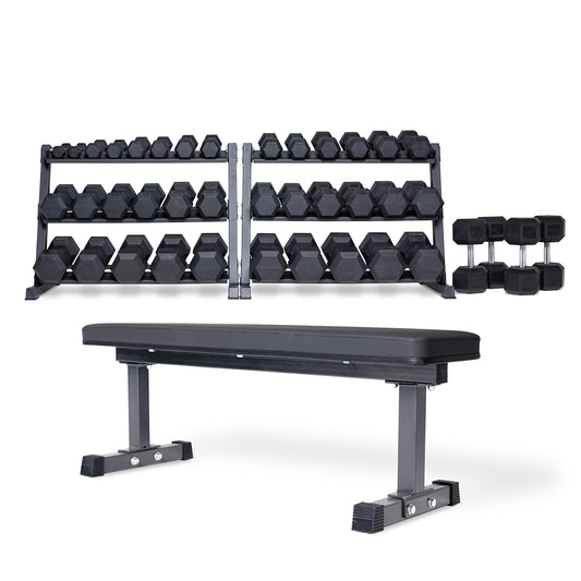 Rep 5-100 lb Rubber Hex Dumbbell Set with (2) 3-Tier Dumbbell Rack and Flat Bench FB-3000