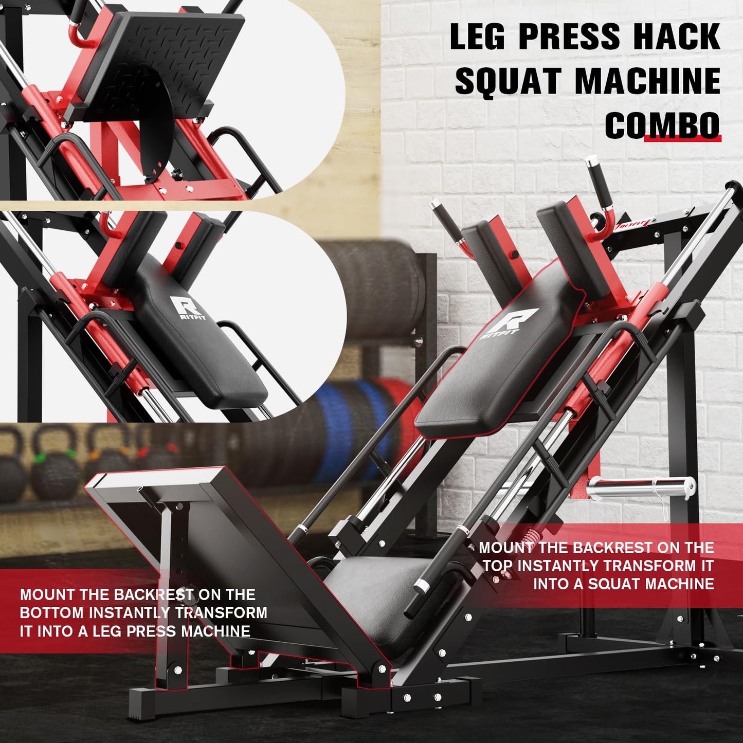 RitFit Leg Press Hack Squat Machine, Professional Adjustable Leg Press Machine for Home Gym with Linear Bearing, Specialty Hack Squat Machine for Full Lower Body Workout with Weight Storage Posts, Red