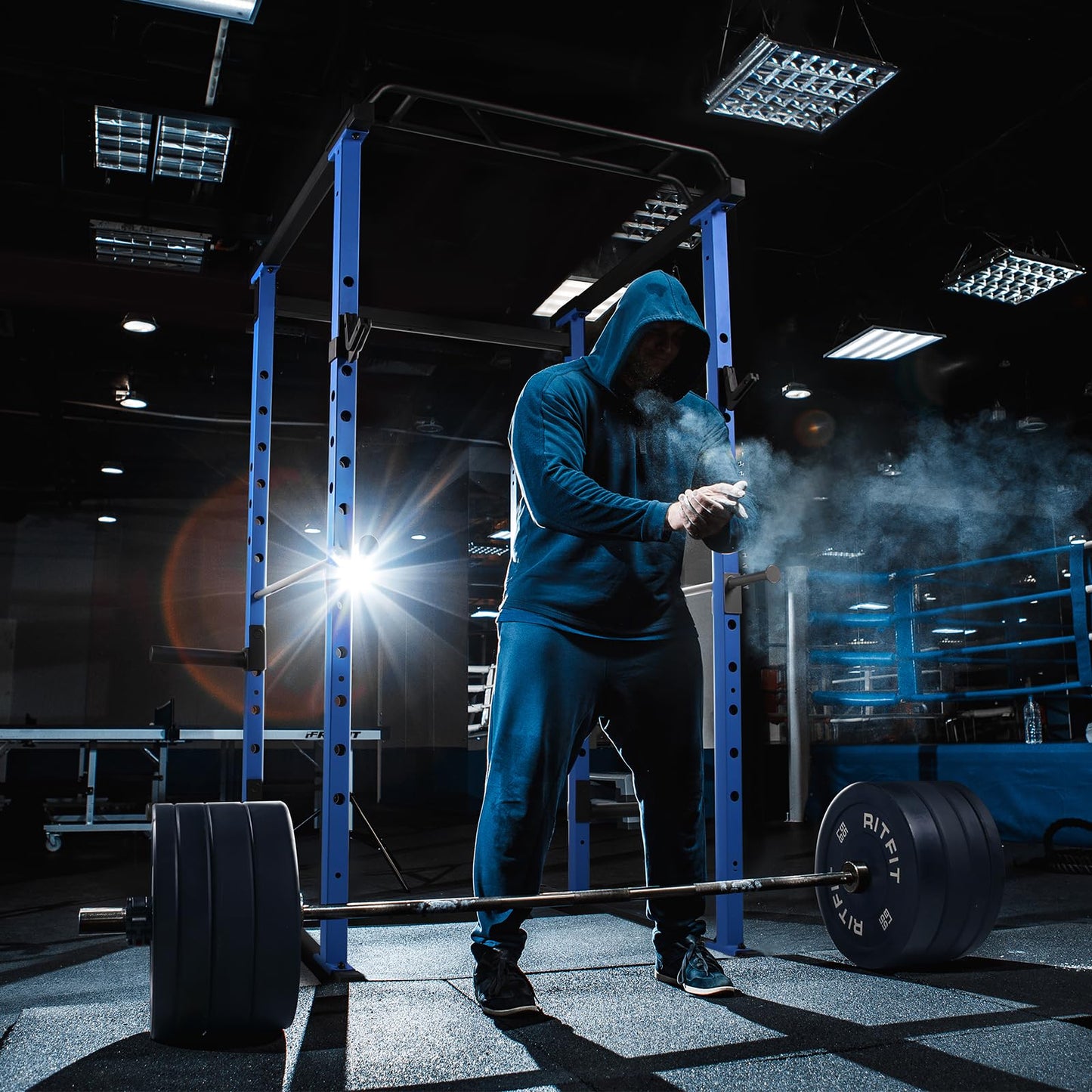 RitFit PPC01 Power Cage, 1000LB Capacity Power Rack Full Home Gym for Weightlifting, Come with J-Cups, Plate Holders and Other Attachments (Basic Version)-Blue