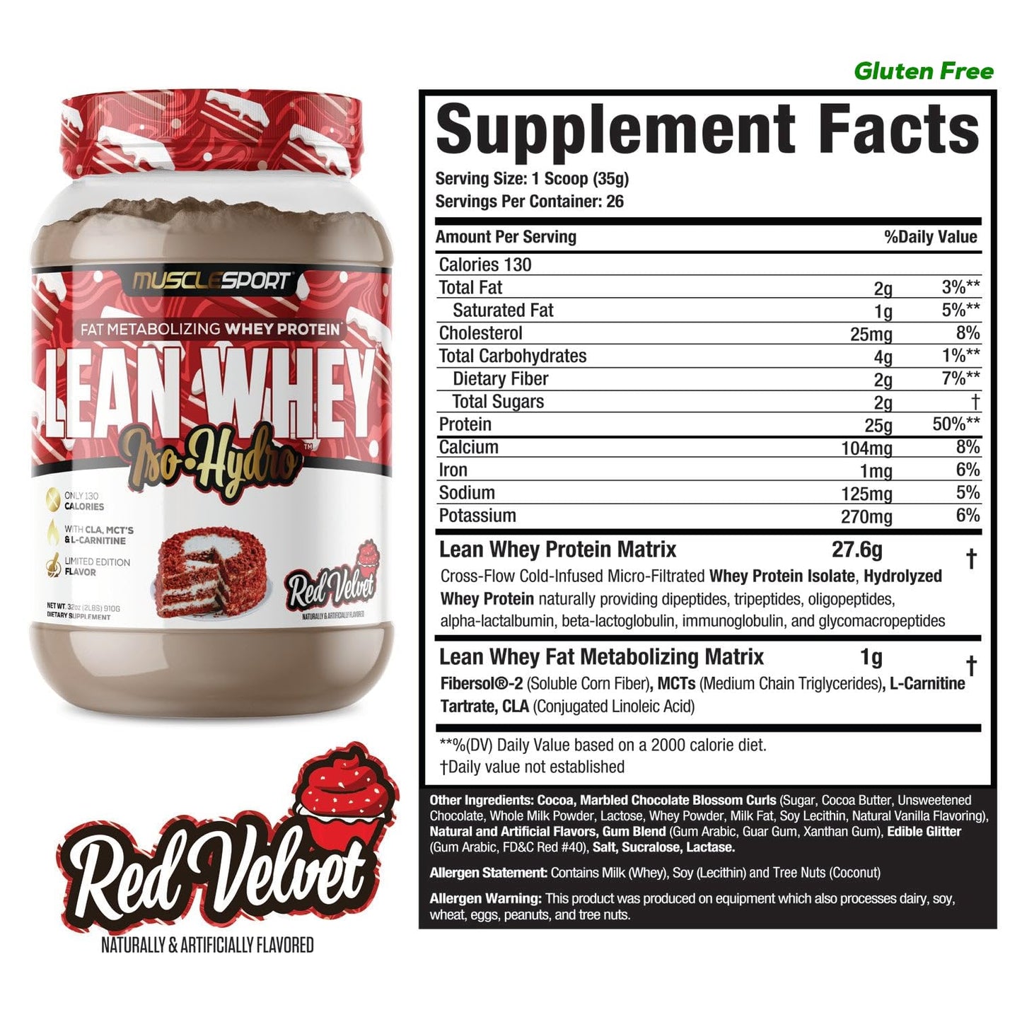 Musclesport Lean Whey Revolution™ Protein Powder - Whey Protein Isolate - Low Calorie, Low Carb, Low Fat, Incredible Flavors - 25g Protein per Scoop - 2lb Red Velvet