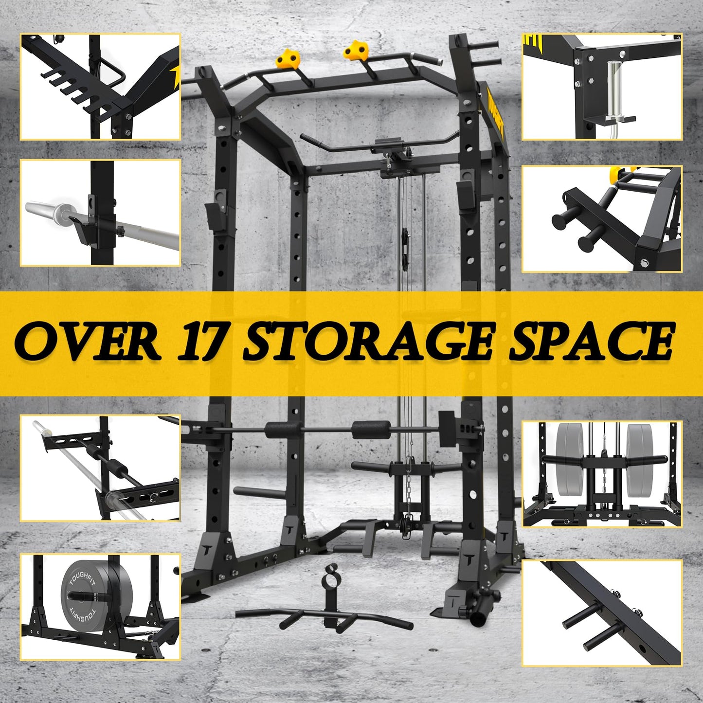 TOUGHFIT 2024 Upgraded T2 Power Cage Muti-Function Power Rack with LAT Pulldown System Squat Rack with Weights and Bar Set for Home Gym with Unique Training Attachment-T2BLK-O1200BP230