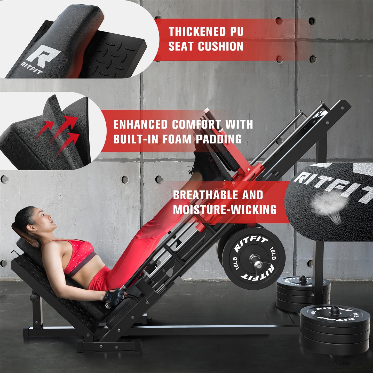 RitFit Leg Press Hack Squat Machine, Professional Adjustable Leg Press Machine for Home Gym with Linear Bearing, Specialty Hack Squat Machine for Full Lower Body Workout with Weight Storage Posts, Red