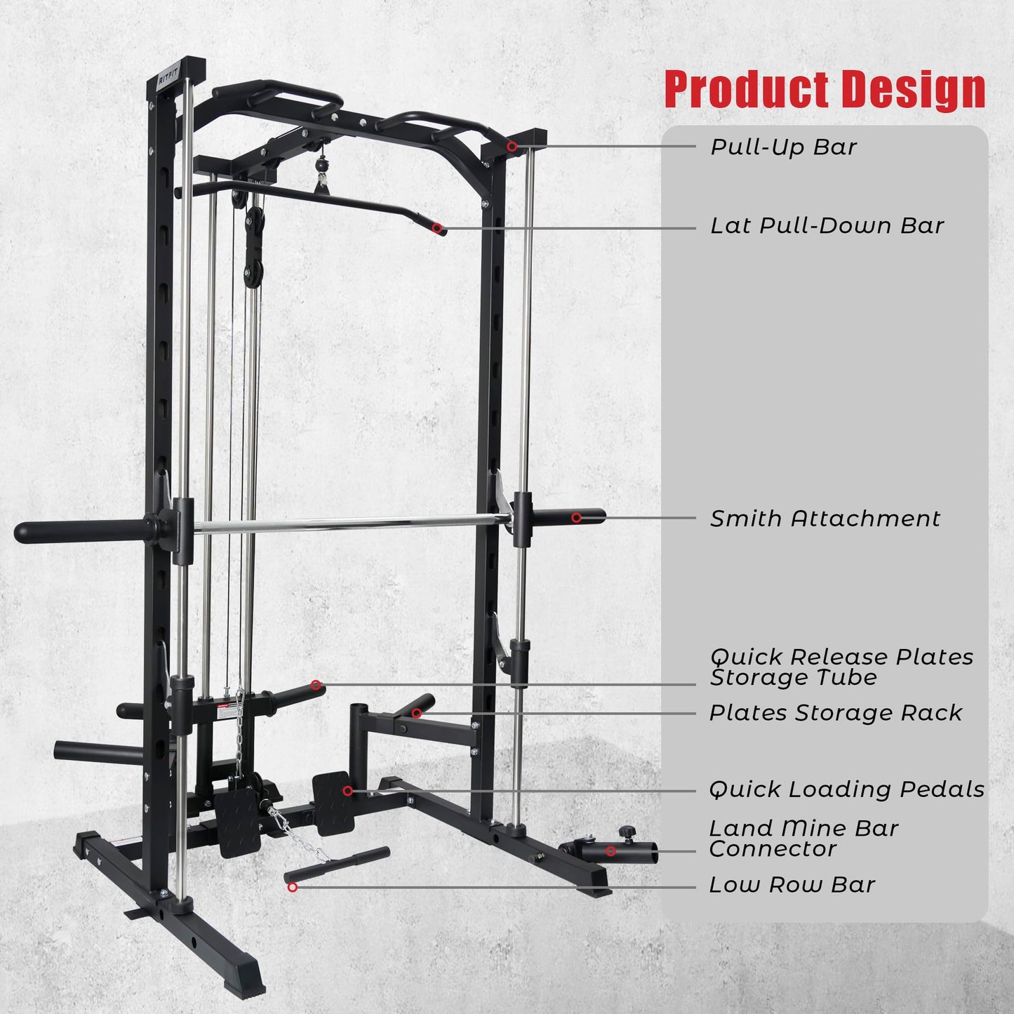 RitFit Smith Machine Power Rack with LAT-Pull Down System, Landmine, Barbell Bar, Plate Storage Pegs and More Training Attachment (Smith Machine 1.0)