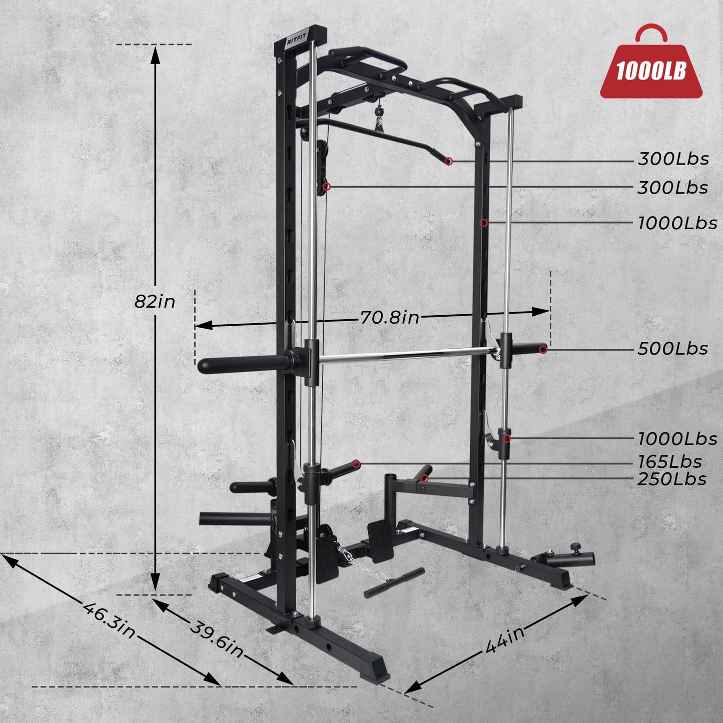 RitFit Smith Machine Power Rack with LAT-Pull Down System, Landmine, Barbell Bar, Plate Storage Pegs and More Training Attachment (Smith Machine 1.0)