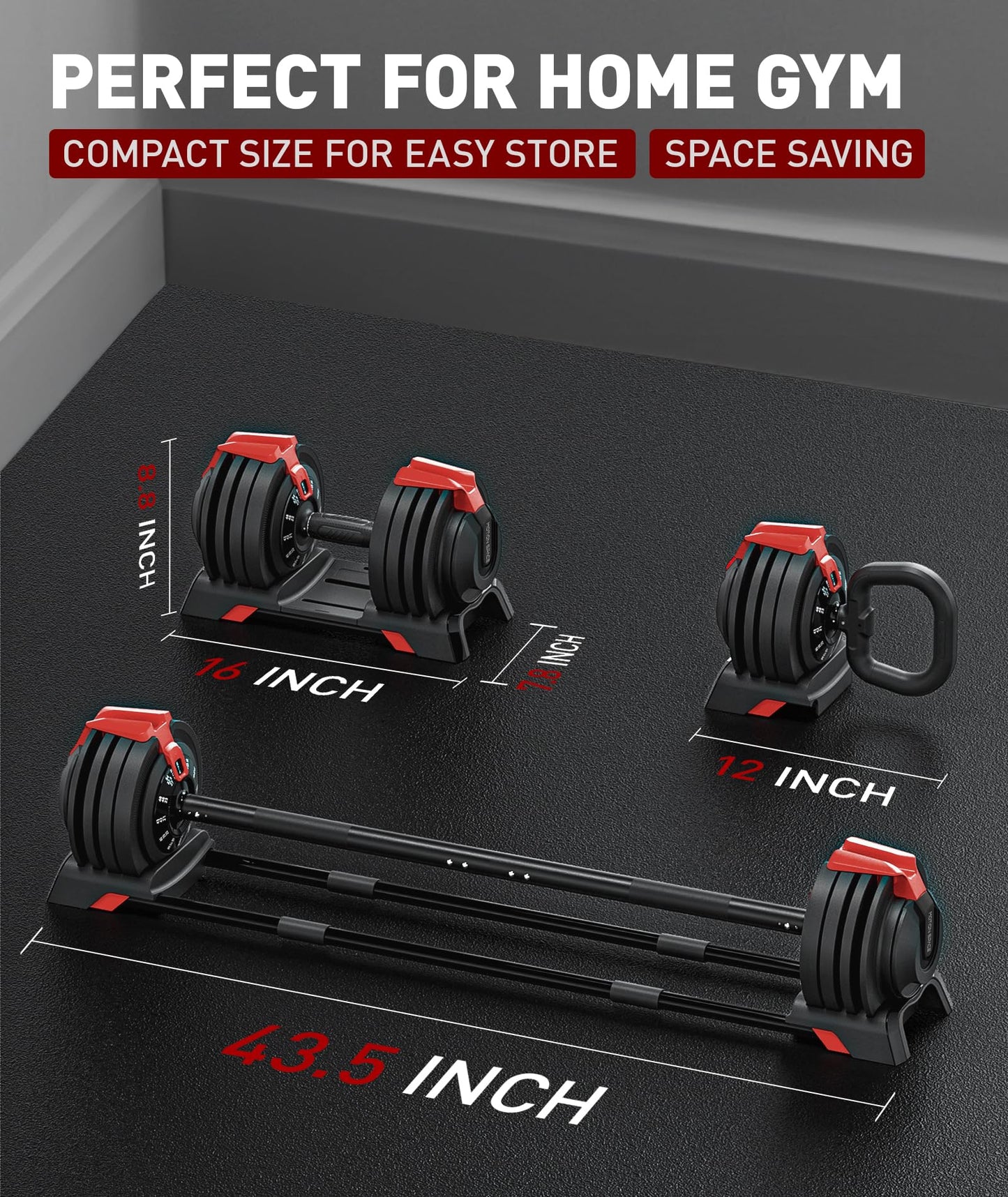 Motion Space 3-In-1 Adjustable Dumbbell Set, 54LBS Barbell Kettlebell with 12 Free Weights, 1-Sec Fast Adjustable, Premium Comfort Non-slip Metal Handle, Compact Size for Full Body Home Workout