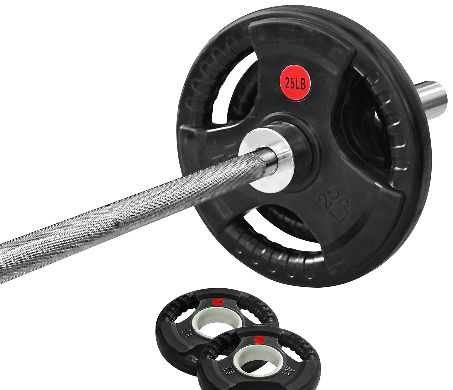 Signature Fitness Cast Iron Olympic 2-Inch Weight Plates Including 7FT Olympic Barbell, 130-Pound Set (85 Pounds Plates + 45 Pounds Barbell), Multiple Packages, Rubber Coated Style