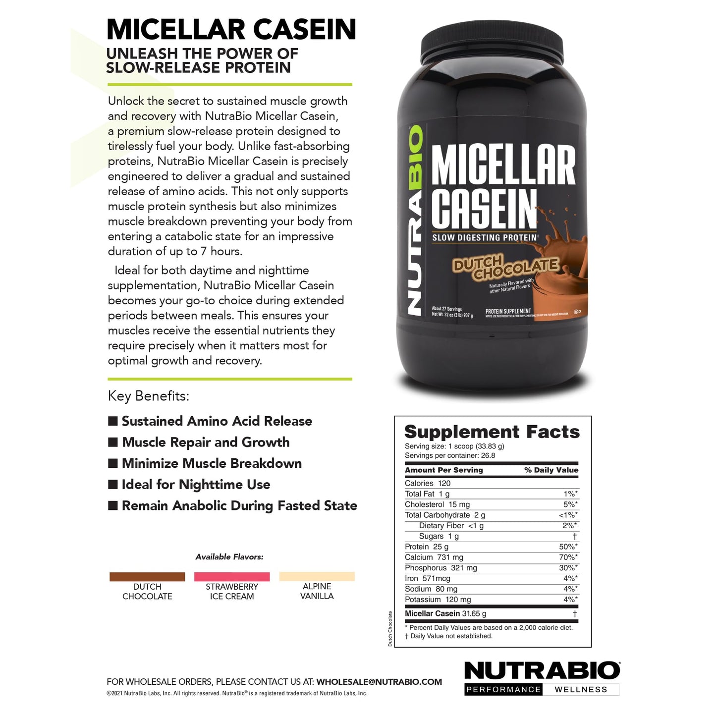 NutraBio Micellar Casein Protein Powder, 2 lbs, Dutch Chocolate