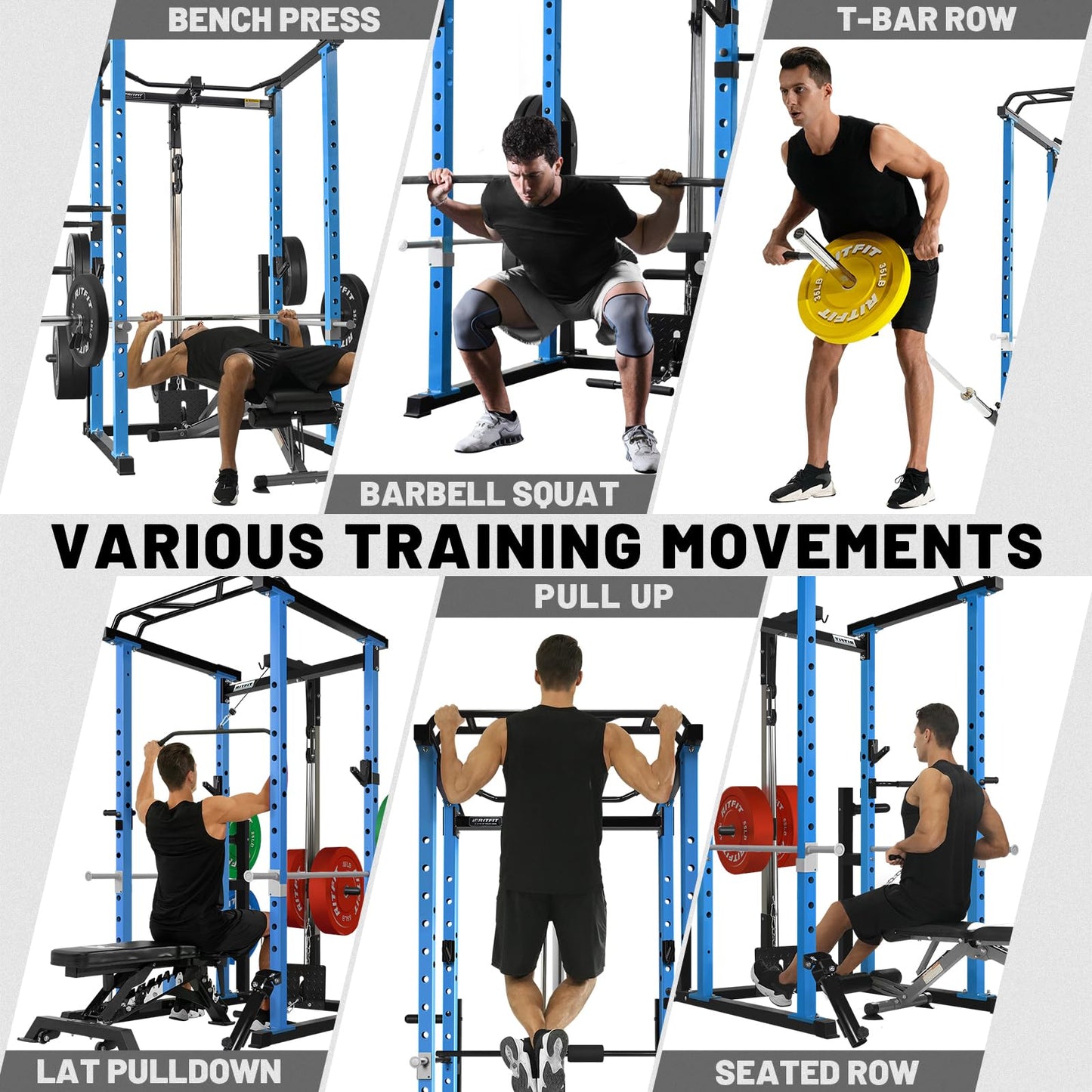 RitFit Squat Rack Power Cage Home Gym Package, Includes 1000LBS Power Rack with LAT Pull Down, Weight Bench, Rubber/Bumper Plates Set with Olympic Barbell (Package 1.9K (Bumper Plate 340LBS))-Blue