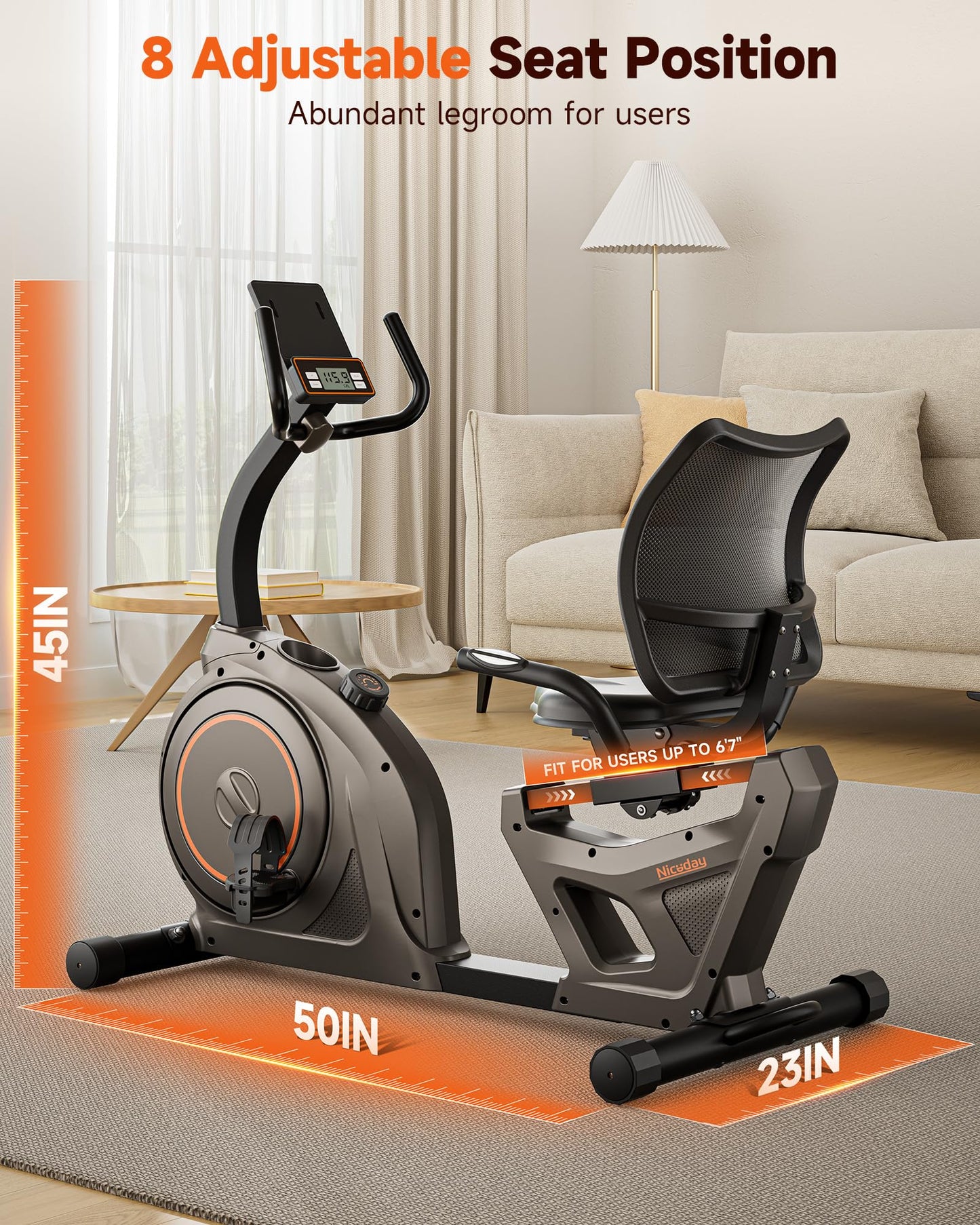 Niceday Recumbent Exercise Bike, Recumbent Bike for Home, Recumbent Stationary Bike 400LBS Weight Capacity, Magnetic Recumbent Bike with Smart APP, LCD Monitor, Heart Rate Handle