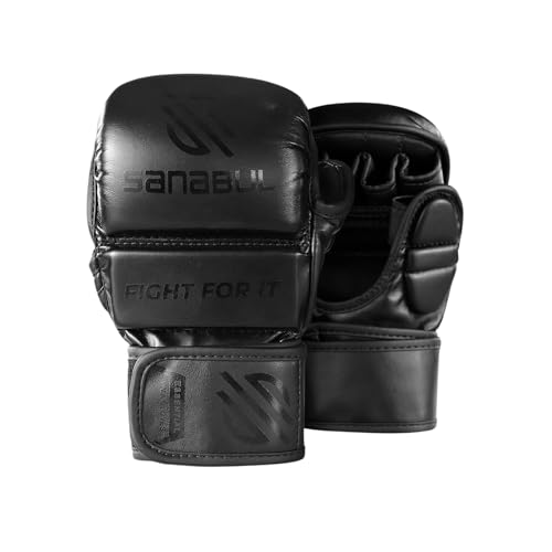 Sanabul Essential 7 oz MMA Gloves Men & Women | Gloves for Martial Arts Sparring & Training Gloves | Hybrid MMA Kick Boxing Gloves Men | Grappling Gloves (All Black, Large/X-Large)