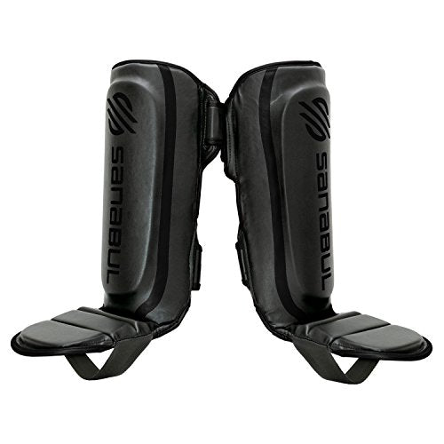 Sanabul Essential Kickboxing Shin Guards with Hook & Loop Straps | Pro-Tested & Versatile Shin Pads for MMA, Muay Thai, and Kickboxing - Tailored for Comfort and Mobility (Black, L/XL)