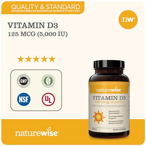 NatureWise Vitamin D3 5000iu (125 mcg) 1 Year Supply for Healthy Muscle Function, and Immune Support, Non-GMO, Gluten Free in Cold-Pressed Olive Oil, Packaging Vary ( Mini Softgel), 360 Count