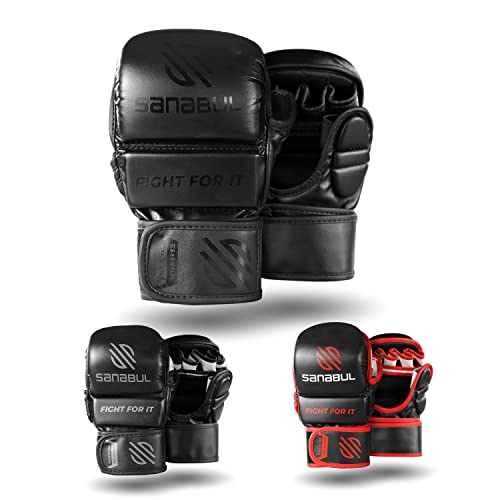 Sanabul Essential 7 oz MMA Gloves Men & Women | Gloves for Martial Arts Sparring & Training Gloves | Hybrid MMA Kick Boxing Gloves Men | Grappling Gloves (All Black, Large/X-Large)