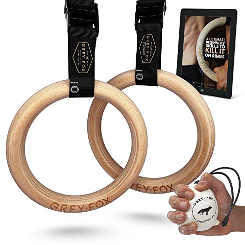 New Grey Fox Premium Numbered 1.1" Wooden Gymnastic Rings with Adjustable Straps Olympic Size: Chalk, Non-Slip Buckle |Full Body Suspension |Bodyweight Calisthenics |Home Gym Equipment |Fitness Gifts