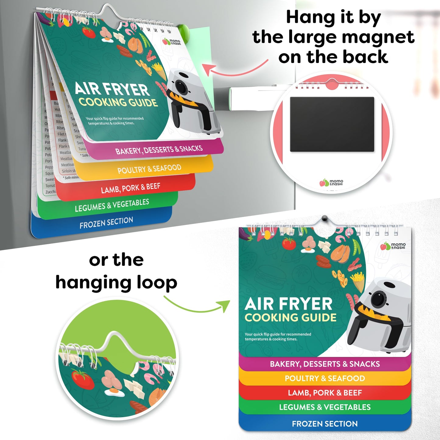 Air Fryer Magnetic Cheat Sheet Set - Cooking Time Charts and Recipe Booklet for Oven and Kitchen